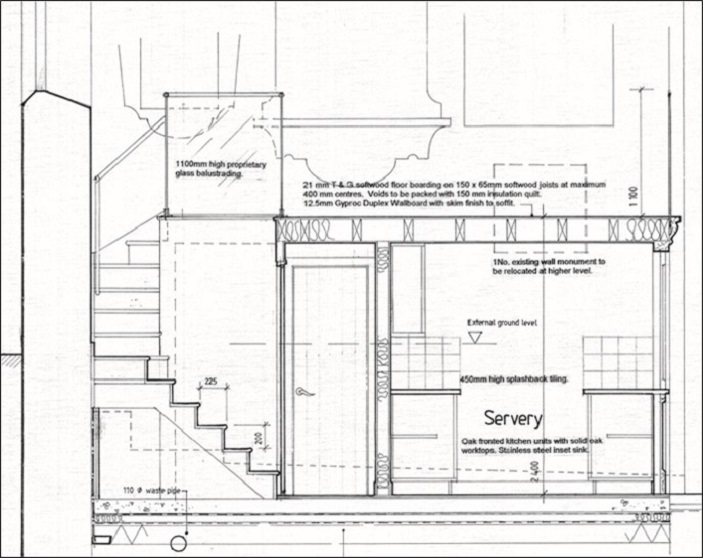 Detailed drawn plan of the tea servery infilling the base of a bell tower.