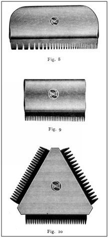 Set of three drawings showing different types of graining comb including a triangular comb with differently sized teeth along each edge