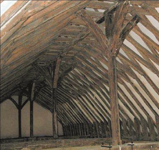 A rafter roof with crown posts