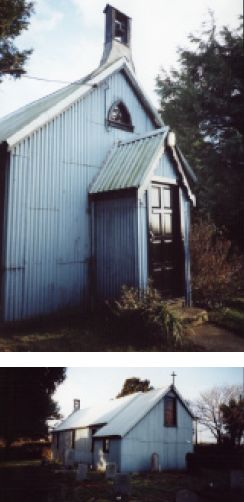pale blue corrugated iron church