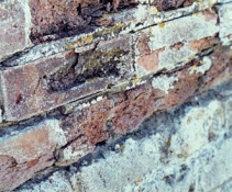 Close-up of damaged brickwork with staining and surface loss