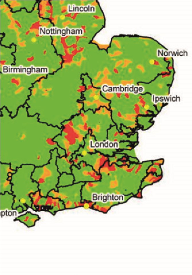 A colour-coded map of water body stress levels in South East England, provided by the Environment Agency