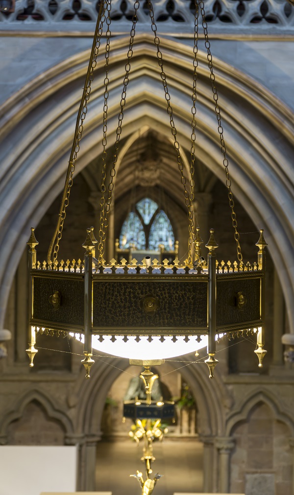 Guildford Cathedral: the main lighting is provided by LED spotlights at 22m in bespoke housings suspended from exisiting hanging points