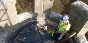 A conservator prepares to abseil down King Alfred’s Tower, Somerset (Photo: Helen Martin, St Ann’s Gate Architects)