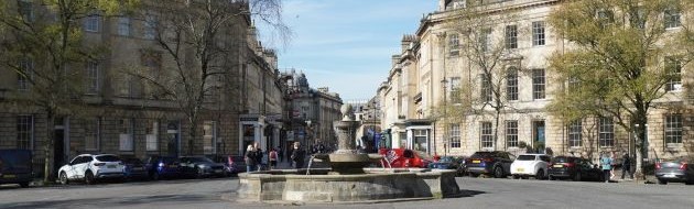 The fountain (1877) at the centre of Laura Place, Bath, Somerset
