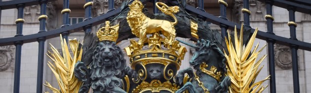 Detail of the royal coat of arms at Buckingham Palace